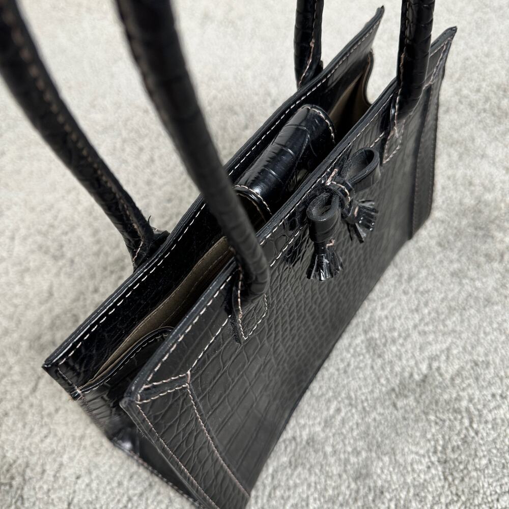 y2k 00s Vintage Liz Claiborne Purse Black Croc Mini Top Handle Bag w/ Bow Tassel - Picture 7 of 12